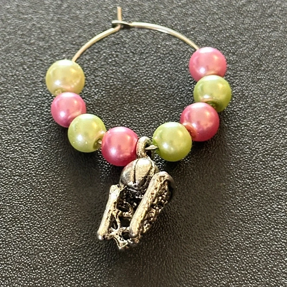 Wine glass tag, stainless steel hoop, green/pink beads, basketball charm